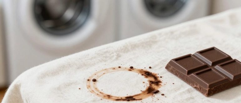 Свежее шоколадное пятно на светлой хлопковой ткани